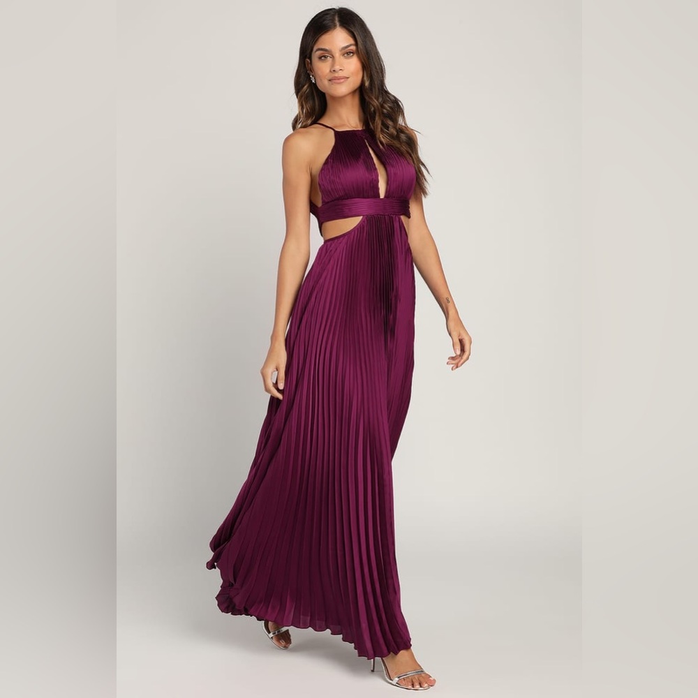 Lulus Plum Satin Pleated Halter Maxi Dress. (Maternity optional)